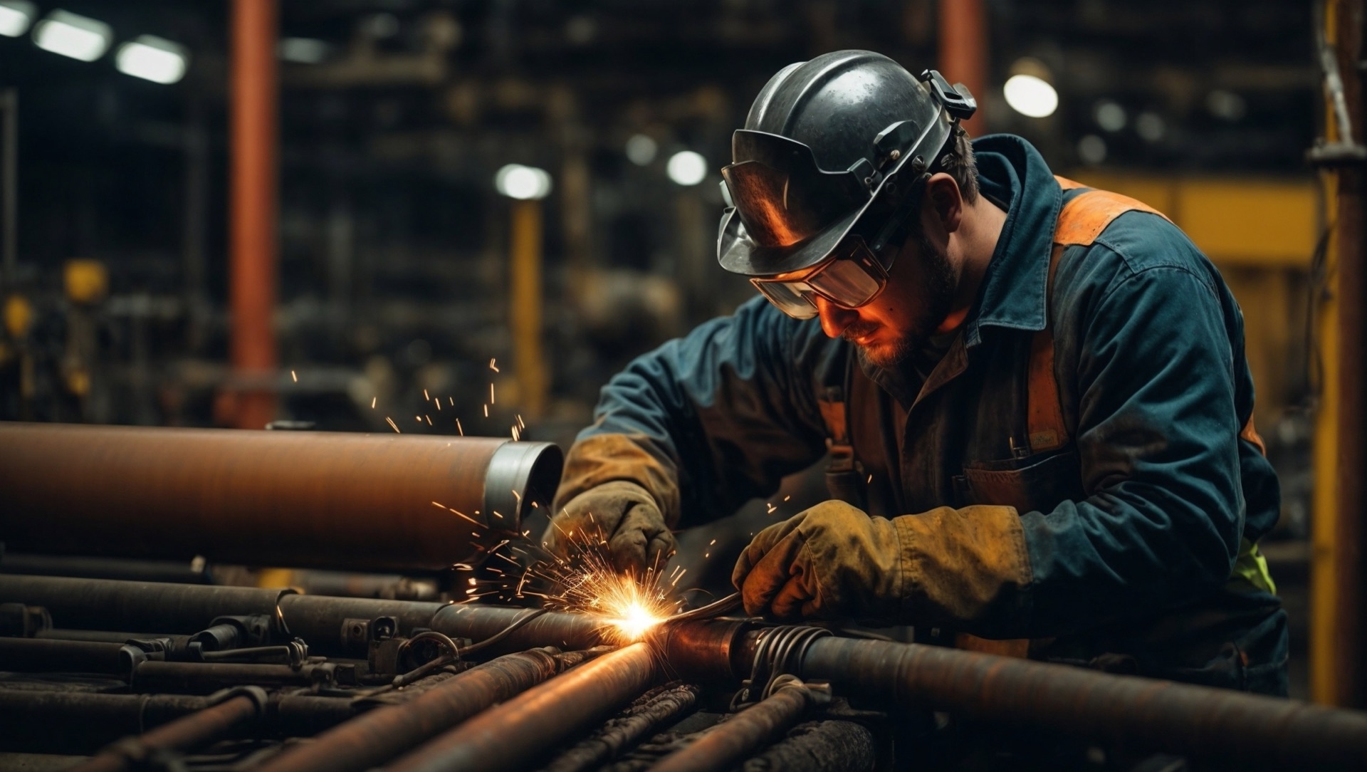 Welder working on steel pipe on a factory floor